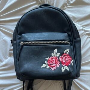Floral Embroidered Black Backpack